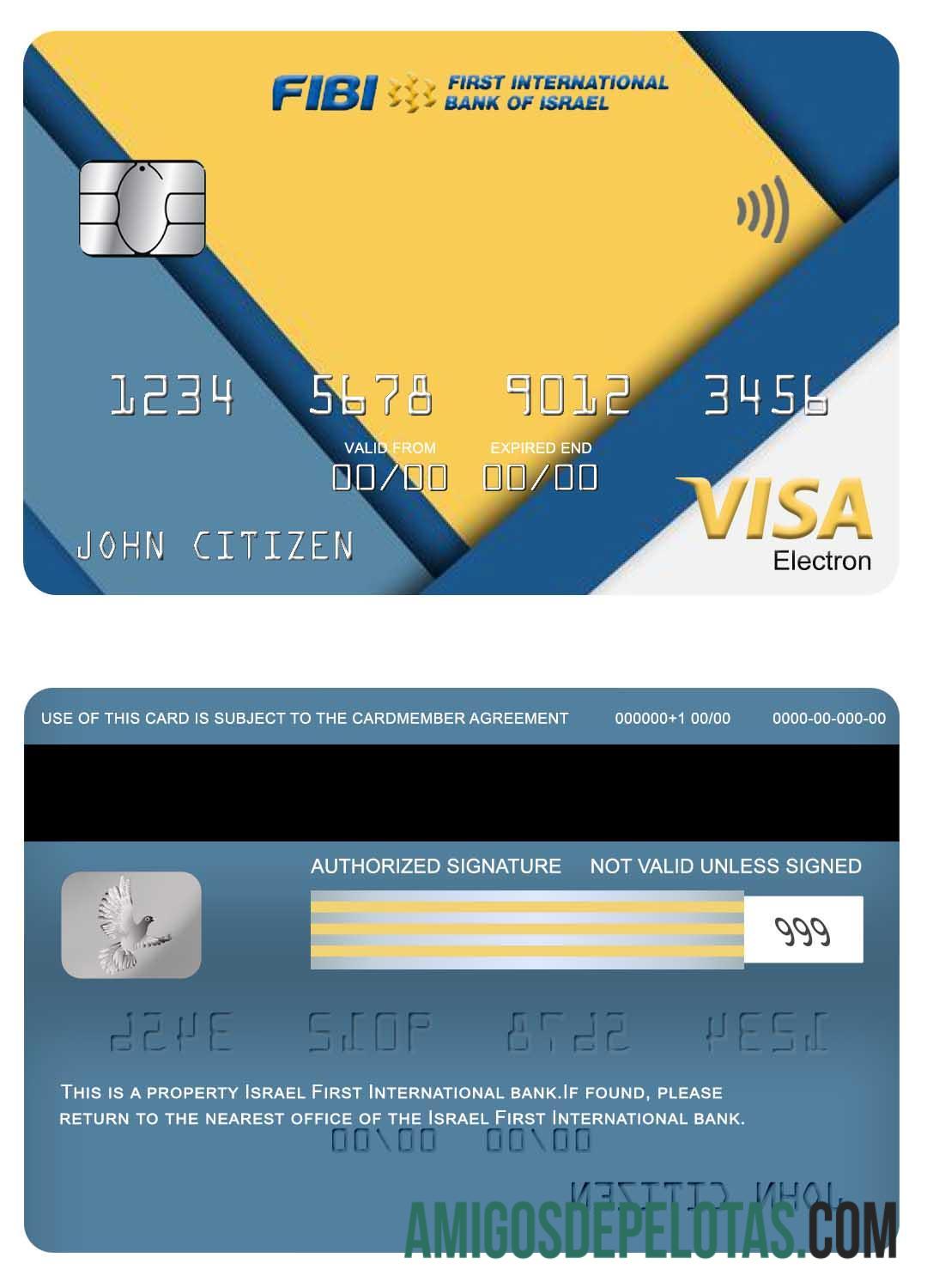 Cartão Visa Electron do primeiro banco internacional de Israel exemplo real